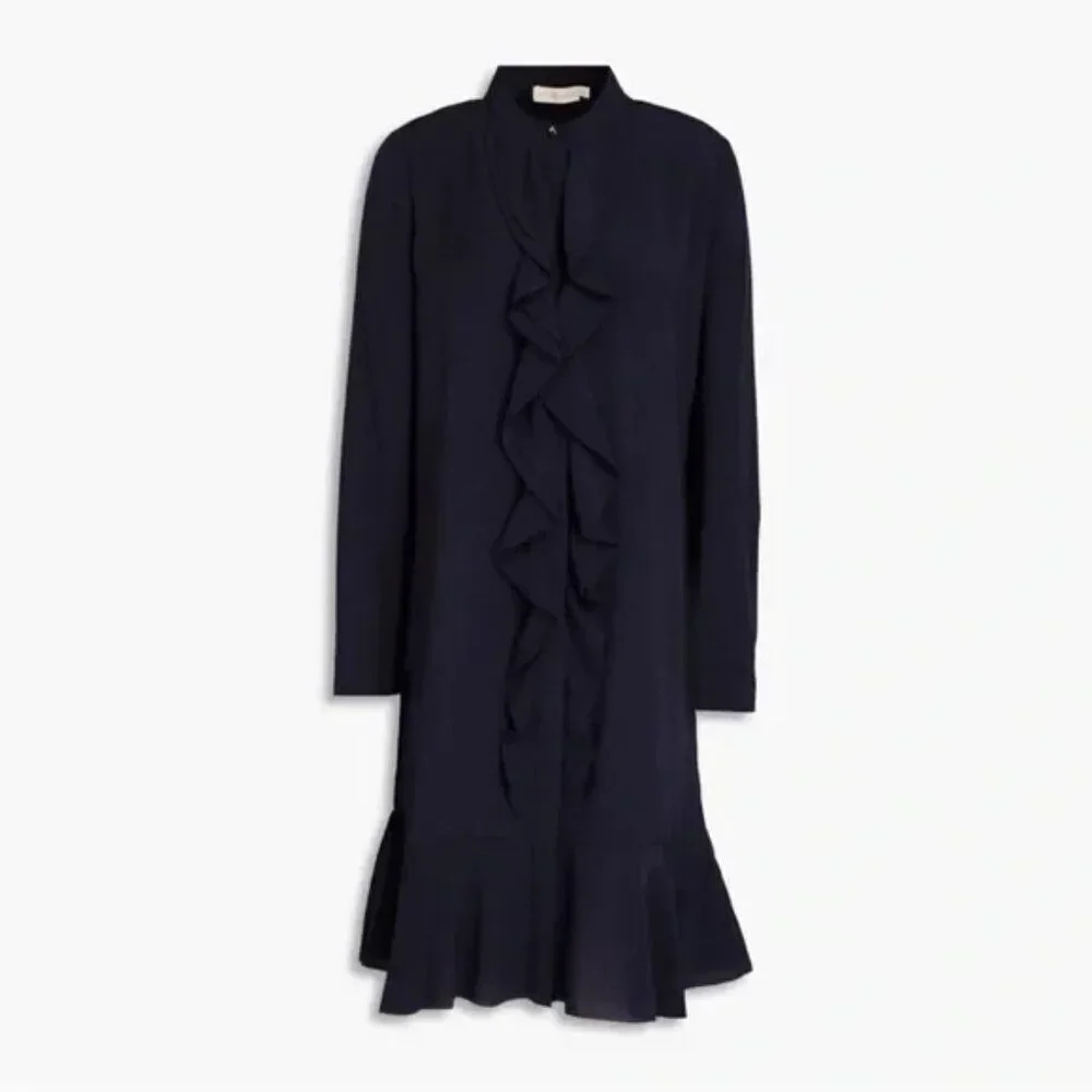 Tory Burch Womens Jane Shirt Dress Size 4 Navy Blue Crepe de chine ruffle NWT